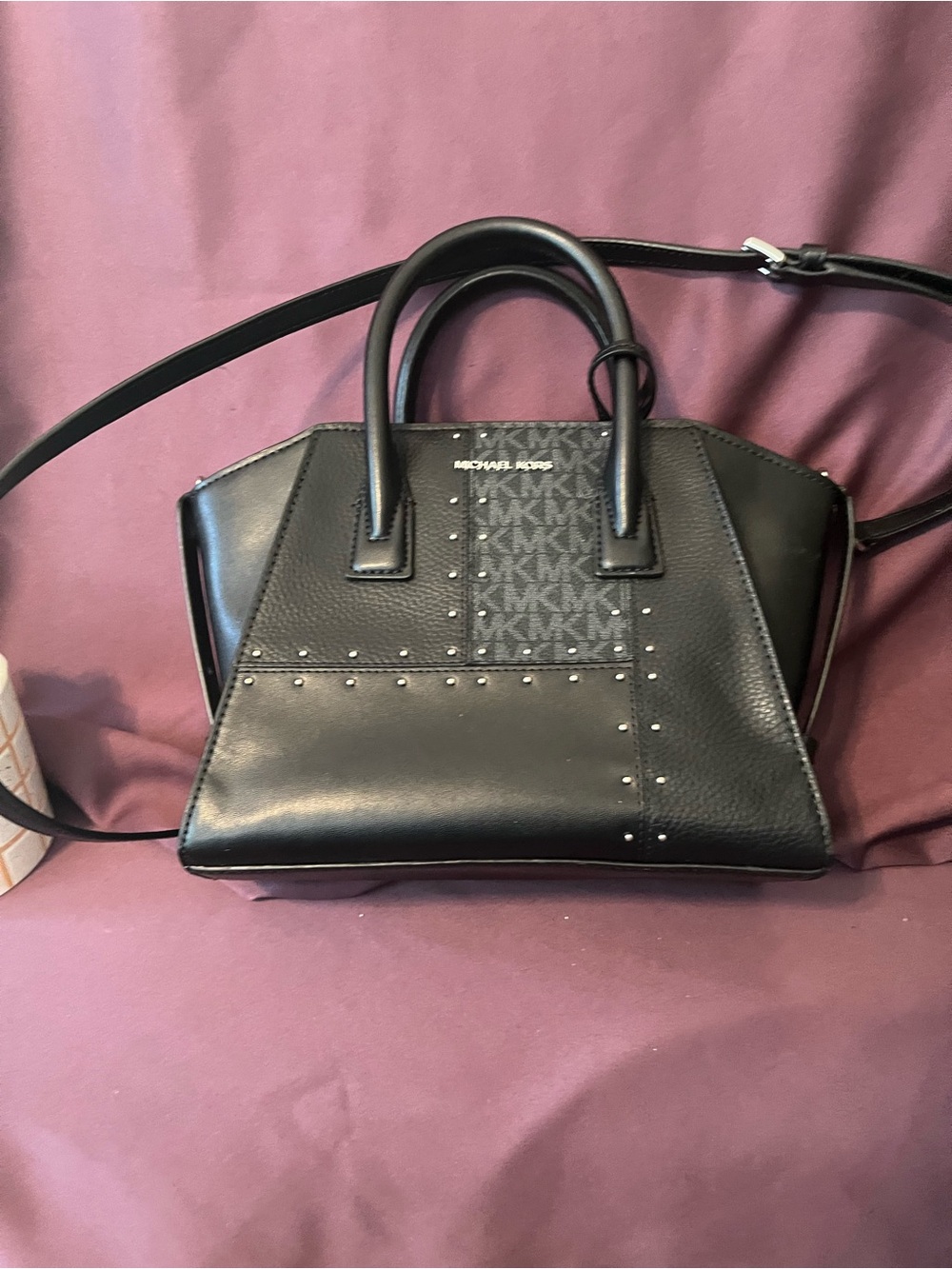 Michael Kors Black Leather Studded Satchel with MK Canvas Panel